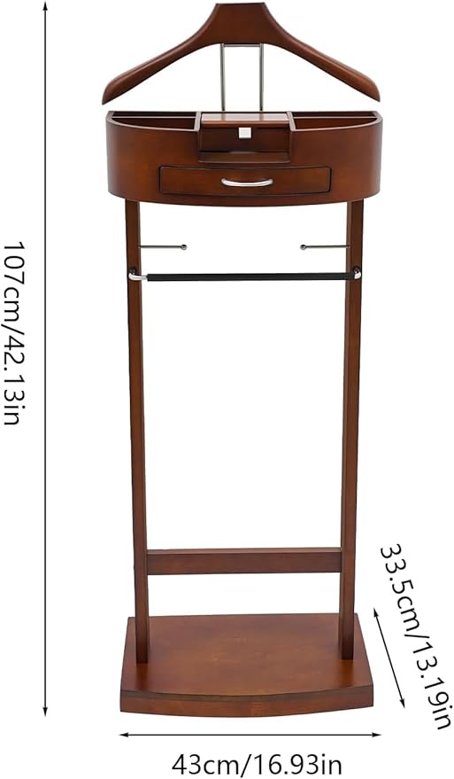 Wooden Suit Rack with Drawer, Valet Stand for Men & Women, Freestanding Clothing Valet Organizer with Wooden Shelf and Charging Port, Solid Birch & Iron Bronze, Holds 22 lbs, for Bedroom Office