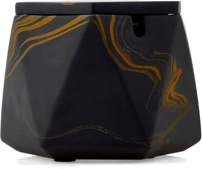 FREELOVE Concrete Ashtray with Lid & Stainless Steel Ashtrays for Cigarettes, Cement Ash Tray Smoking Holder Indoor Smokeless Outdoor Windproof Patio Home Office Cool Decor(Black-Gold, Large)
