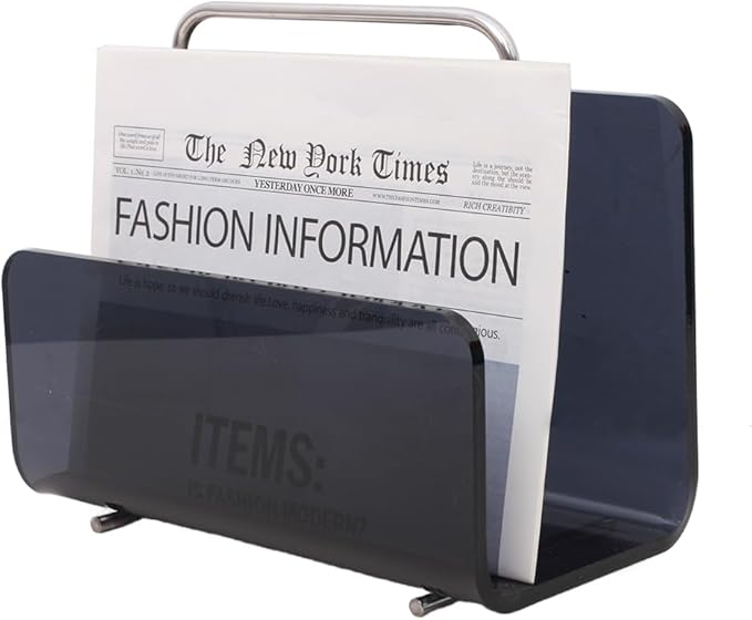 Magazine Holder, Brown Clear Acrylic with Stainless Steel Handle, Tabletop Display Stand (Black Transparent)