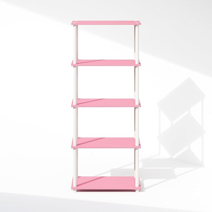 Furinno Turn-N-Tube Book Shelf, 5-Tier Bookshelf, Bookcase with Multipurpose Compact Display Rack, 11.6 x 23.6 x 57.4, for Living Room, Bedroom, Home Office, Pink/White
