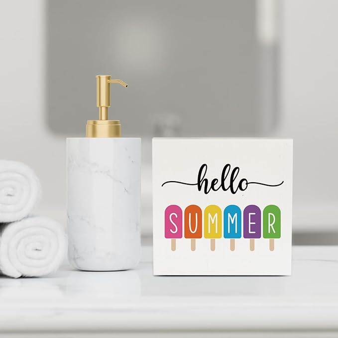 IYEZH Farmhouse Hello Summer Popsicles Wooden Box Sign Rustic Country Summer Box Sign Wood Sign Decor Summer Square Wood Sign Home Desk Tabletop Shelf Decor 5 x 5
