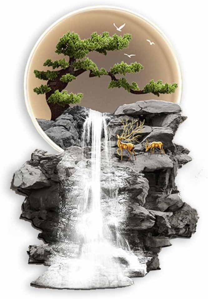 YFQHRXYS 3D Oriental Waterfall Wall Art with LED Light,Oriental Welcoming Pine Landscape for Living Room Office Decor,Modern Art Wall Decor Sculptures, Plug-in Power Supply, Remote Control（50 * 75cm）