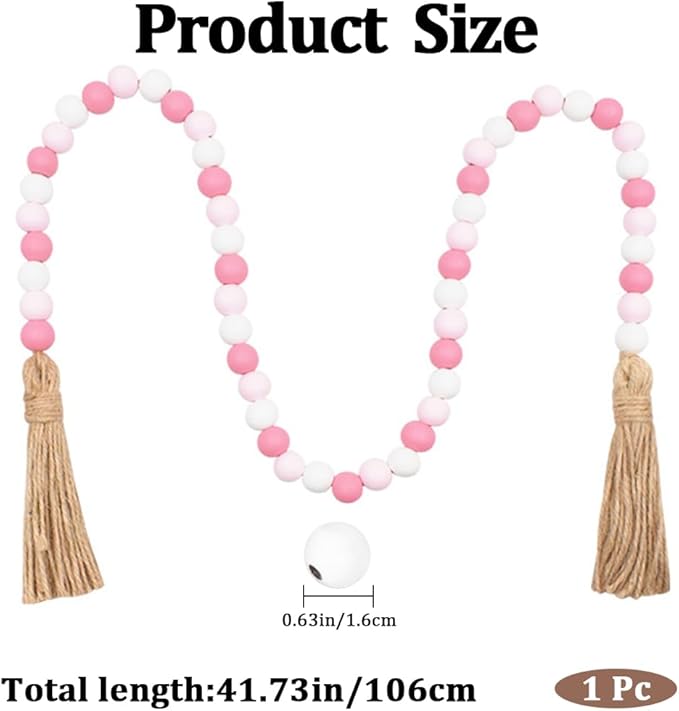 CREATCABIN 42 Inch Wood Bead Garland Decor Rustic Country Farmhouse Boho Home Pink White Wooden Beads Tassel Wall Hanging Ornaments for Coffee Table Wall Shelf Tray Vase Living Room Bedroom