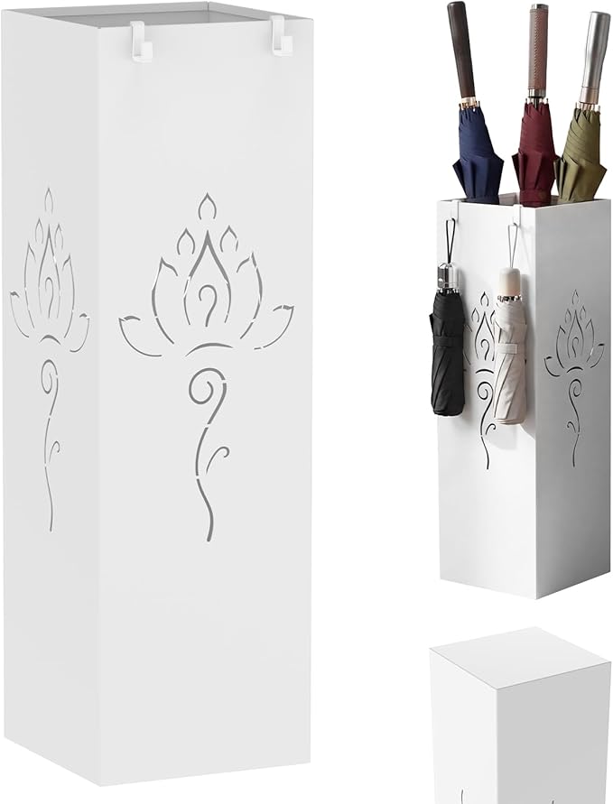 Square Metal Umbrella Holder, Square Free Standing Umbrella Rack Decorative Umbrella Holder Hollow Cutout Pattern Design for Umbrella Cane Entryway Home Office 19.49" X 6.1" X 6.1" (White hollowed out