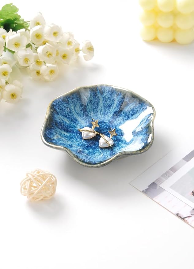 Lotus Leaf Shape Ring Holder Dish, Small Key Bowl, Ceramic Trinket Tray Jewelry Dish Organizing Necklace Earrings for Mom Friend Sister. All Jewelries Are NOT Included. Light Blue.