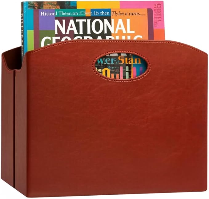 EZDeco PU Leather Magazine Holder, Magazine Rack Floor, Magazine Storage Basket & Vinyl Record Holder, File Folder Organizer for 12 inch LP Albums, Magazines, Books, Newspapers (brown)