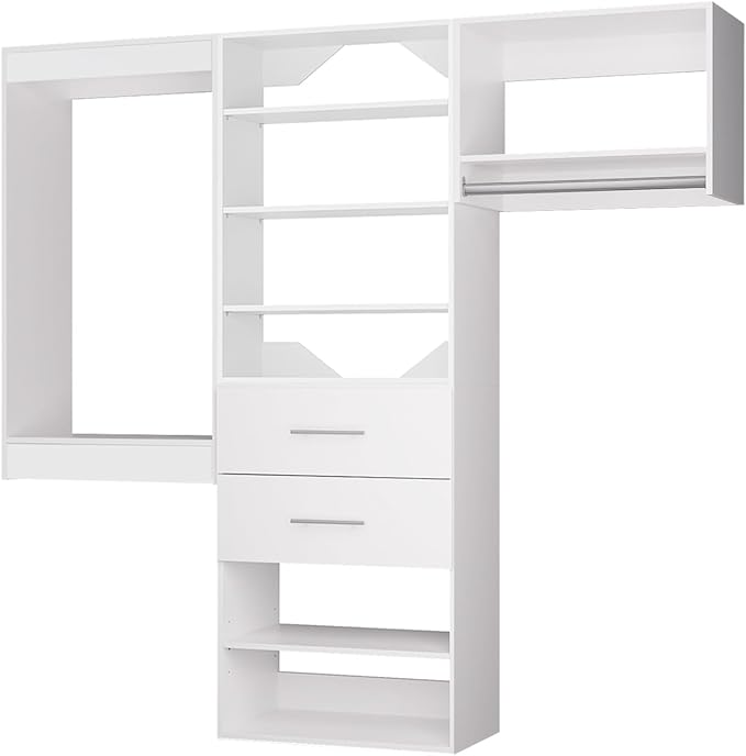 ROOMTEC Modular Closet System, 72" Wall Mounted Modern Closet Organizer with Hanging Rods and Drawers, Wooden Tower for Walk-In Closets, Wardrobe Storage Kit, White