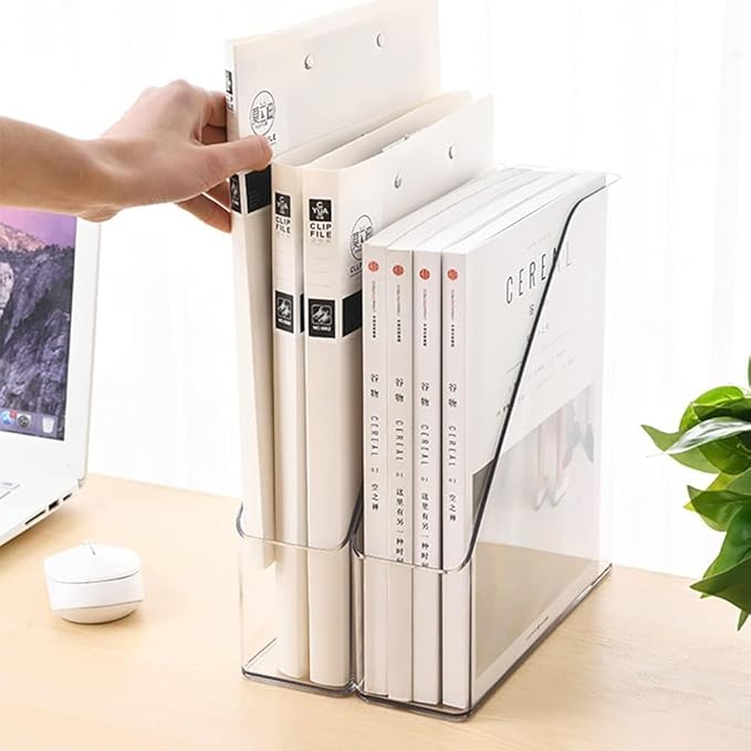 Magazine Holder, Clear Plastic Vertical File Magazine Organizer, Desktop File Magazine Book Storage Shelf for Office Desk (4PCS)