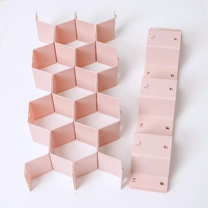 Poeland Drawer Divider Organizer Adjustable DIY Grid Honeycomb Drawer Divider for Underwear Belt Scarf Socks Pink