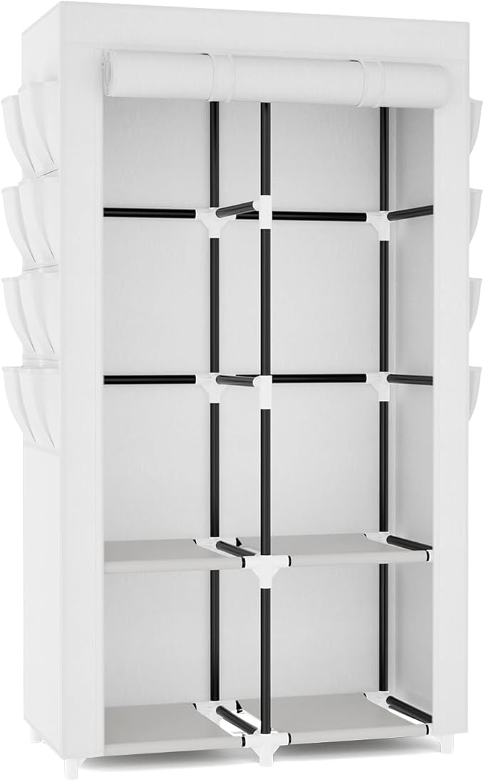 Portable Closet for Hanging Clothes, Portable Wardrobe Closet with Cover, 4 Storage Shelves, 2 Hanging Rods and 8 Side Pockets, Easy Assembly and Sturdy Free Standing Closet for Bedroom, White