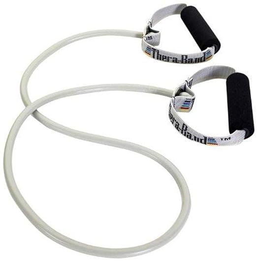 THERABAND Resistance Tubing with Soft Handles, Silver, Super Heavy Level, 50" Latex Stretch Resistance Bands for Exercise, Professional Workout Bands for Upper & Lower Body, Color-Coded Levels