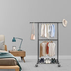 Black Simple Standard Rod Rolling Clothing Garment Rack, Metal Clothes Organizer with Lockable Wheels