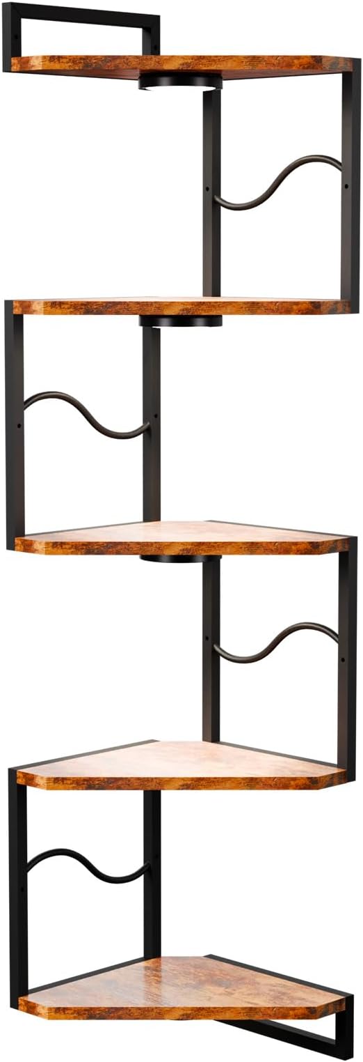 HAAYOT Corner Shelf Wall Mounted with Lights, 5-Tier Floating Metal Shelves for Living Room, Bedroom, Rustic Brown