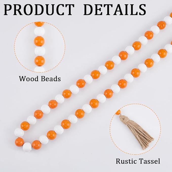 CREATCABIN 42 Inch Wood Bead Garland Decor Rustic Country Farmhouse Boho Home Orange White Wooden Beads Tassel Wall Hanging Ornaments for Coffee Table Wall Shelf Tray Vase Living Room Bedroom