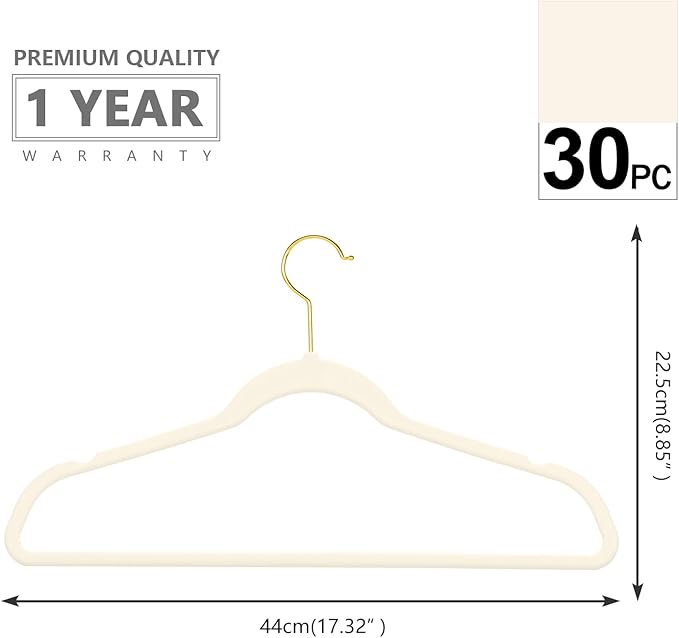 MIZGI Premium Velvet Hangers Pack 30 Pcs Heavyduty - Non Slip Slimline - Velvet Suit Hangers Ivory - Gold Hooks,Space Saving Clothes Hangers