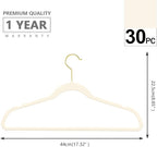 MIZGI Premium Velvet Hangers Pack 30 Pcs Heavyduty - Non Slip Slimline - Velvet Suit Hangers Ivory - Gold Hooks,Space Saving Clothes Hangers