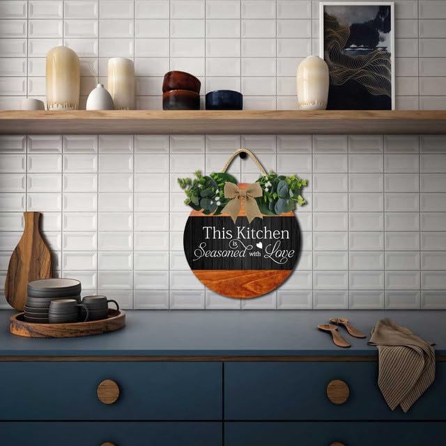 Farmhouse Kitchen Wall Decor,This Kitchen Is Seasoned With Love Rustic Round Wooden Sign,For Home, Office, Store Or Restaurant