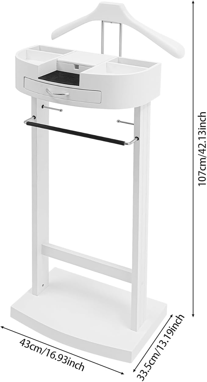 Suit Valet Stand for Men, Freestanding Clothes Stand with Sturdy Base, White Wood Suit Stand for Homes, Offices, Hotels