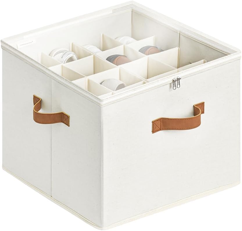 StorageWorks Shoe Organizer for Closet, Shoe Storage Cubby Containers with Adjustable Dividers and Clear Cover, Fits up to 16 Pairs, Foldable Shoe Storage Organizer Box for Closet, Entryway, Beige