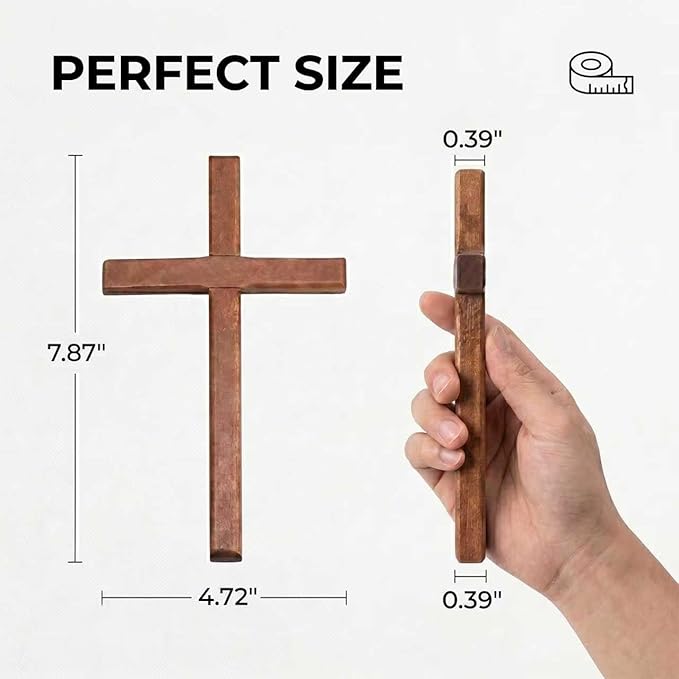 Christian Wooden Cross for Wall and Table, 7.87" x 4.7" Premium Small Handheld Prayer Cross with Hook, Spiritual Religious Gift for Christmas Baptism Altar Church Home Room Decor