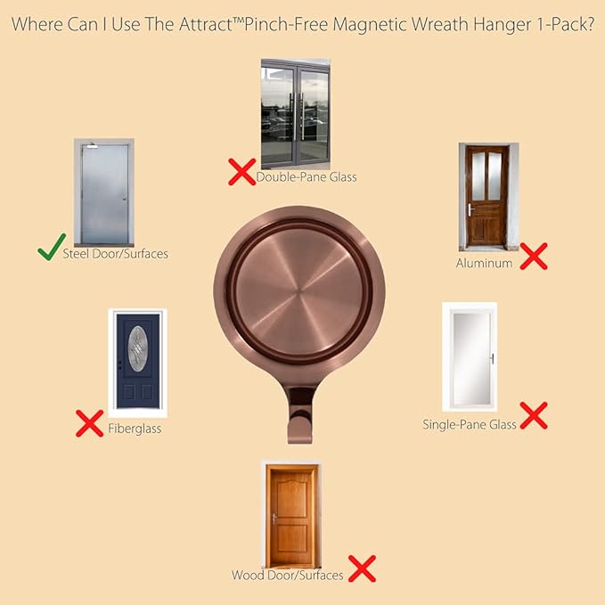 Haute Decor Attract Pinch-Free Magnetic Wreath Hanger (Brushed Copper) - 1 Pack - Safe Wreath Holder Hook for Metal Doors and Surfaces