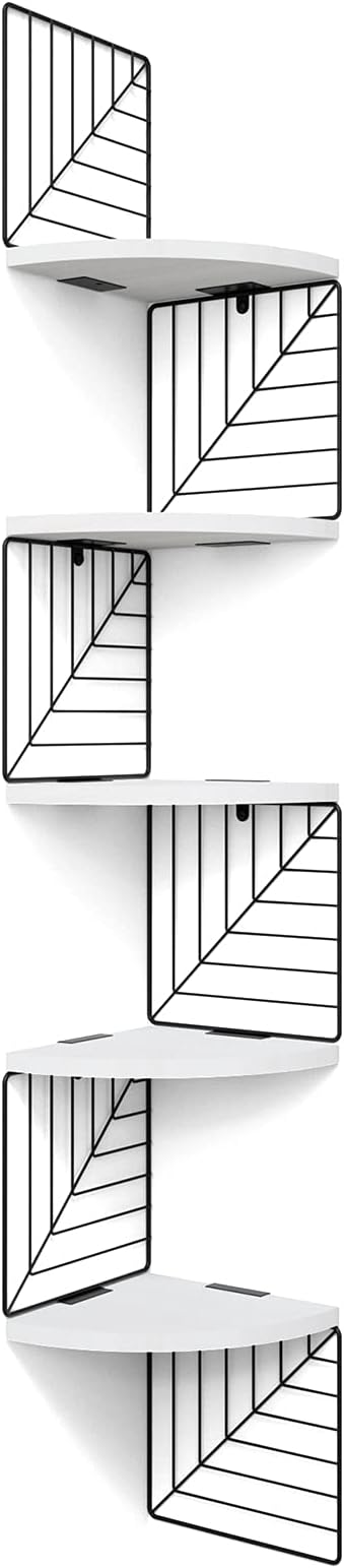 Love-KANKEI Corner Shelf Wall Mount of 5 Tier Rustic Wood Floating Shelves Wall Shelves for Bedroom Living Room Bathroom Kitchen Office and More White