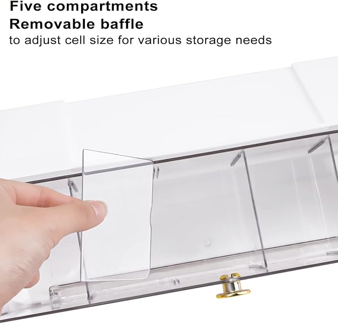 Socks Underwear Drawer Organizer, 5 Cell Compartments Acrylic Wall Mount Storage Boxes, Self-Adhesive Switchable Drawer Organizer for Socks, Lingerie, Ties, Cosmetic, Kitchen Spice(White)
