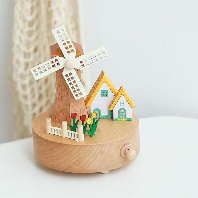 Natural Solid Wood Handcrafted Beech Wooden, Musical FigureTotoro/Carousel/Fairy/Ballerina Figurine,Rotating Hand Crank Mechanism Music Box,Musical Decorations (White Windmill)