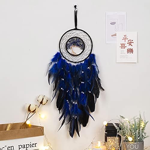 Dreamlike Deep Blue Tree of Life Dream Catcher Wall Decor with Healing Crystal Stone Handmade Feather Dream Catchers Decoration Wall Hanging for Girls Bedroom Living Room Wedding Party Home Décor