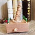 Natural Solid Wood Handcrafted Beech Wooden, Musical FigureTotoro/Carousel/Fairy/Ballerina Figurine,Rotating Hand Crank Mechanism Music Box,Musical Decorations (Leaning Tower of Pisa)