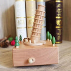 Natural Solid Wood Handcrafted Beech Wooden, Musical FigureTotoro/Carousel/Fairy/Ballerina Figurine,Rotating Hand Crank Mechanism Music Box,Musical Decorations (Leaning Tower of Pisa)