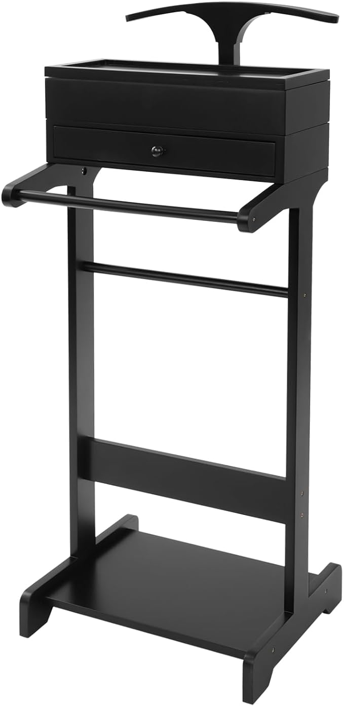 Suit Valet Stand with Drawer, Wooden Clothes Valet Organizer for Men, Mens Valet Stand with Top Tray, Freestanding Suit Hanger with Trouser Bar, Shoe Rack, Black