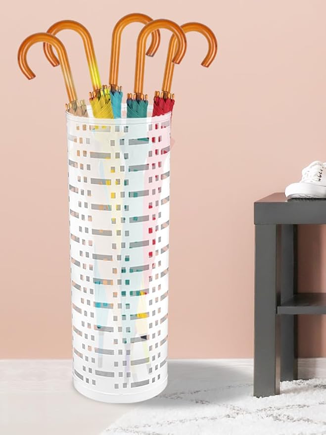Umbrella Stand Rack, Free Standing Round Metal Umbrella Holder, Walking Sticks Umbrella Bins Waterproof Umbrella Storage Rack 16.5 x 6 inch Hollow Umbrella Storage Bucket for Indoor Home Office(white)