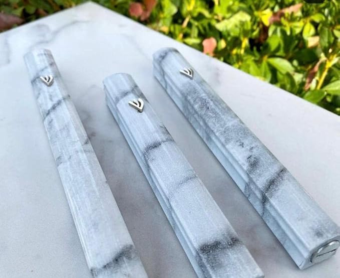 A&S Mezuzot Aluminum Mezuzah Case with 3D Painted Shin Design Easy Peel and Stick Judaica Door Mezuza for Parchment Scroll (White Marble, 6 Inches)