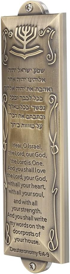 BRTAGG Mezuzah Case with Double Sided Tape, 5.5" Tall, English & Hebrew Scripture, Bronze, Easy Peel and Stick Mezuzah Cover Jewish Gifts (for 4 Inches Scroll)
