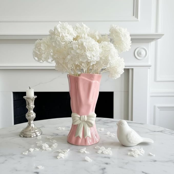 Pink Bow Vase, Hot Pink Flower Vase for Home Decor, Ceramic Vases for Boho Style, Small Cute Vases for Ideal Shelf Decor/Table/Living Room. (Pink 6, Large)
