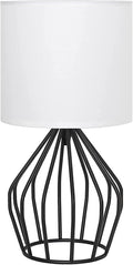 HAITRAL Modern Bedside Table Lamp - Minimalist Small Lamp with Hollowed Out Base Linen Fabric Shade,Metal Nightstand Lamp for Bedroom Living Room Side Table Desk Kids Room- Black/White
