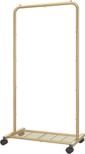 Simple Trending Standard Clothes Garment Rack, Clothing Rolling Rack with Mesh Storage Shelf on Wheels, Golden Yellow