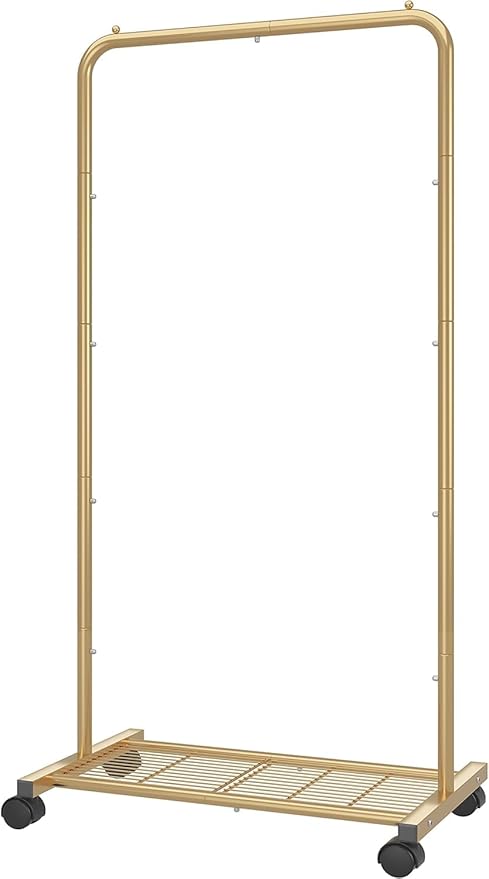 Simple Trending Standard Clothes Garment Rack, Clothing Rolling Rack with Mesh Storage Shelf on Wheels, Golden Yellow