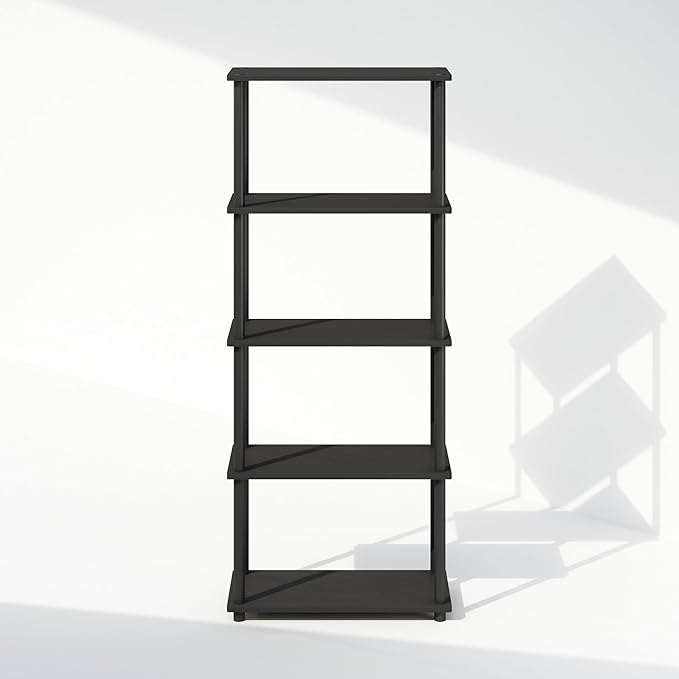 Furinno Turn-N-Tube Book Shelf, 5-Tier Bookshelf, Bookcase with Multipurpose Compact Display Rack, 11.6 x 23.6 x 57.4, for Living Room, Bedroom, Home Office, Americano/Black