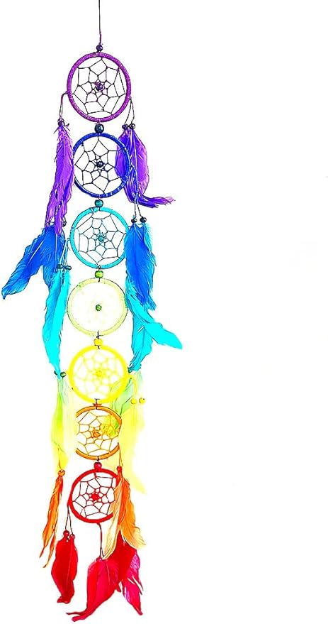 OMA Chakra Rainbow Dream Catcher Wall Hanging with Multi Color Feathers Traditional Authentic Dream Catcher Boho Home Decor Bedroom Decoration Gift Large, 30" Long