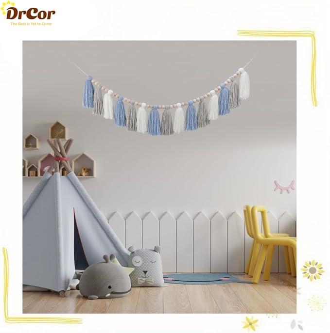DrCor Blue White Coastal Boho Wall Garland for Nursery, Kids Room, Beach House, Classroom, Back to School & Baby Shower Decor