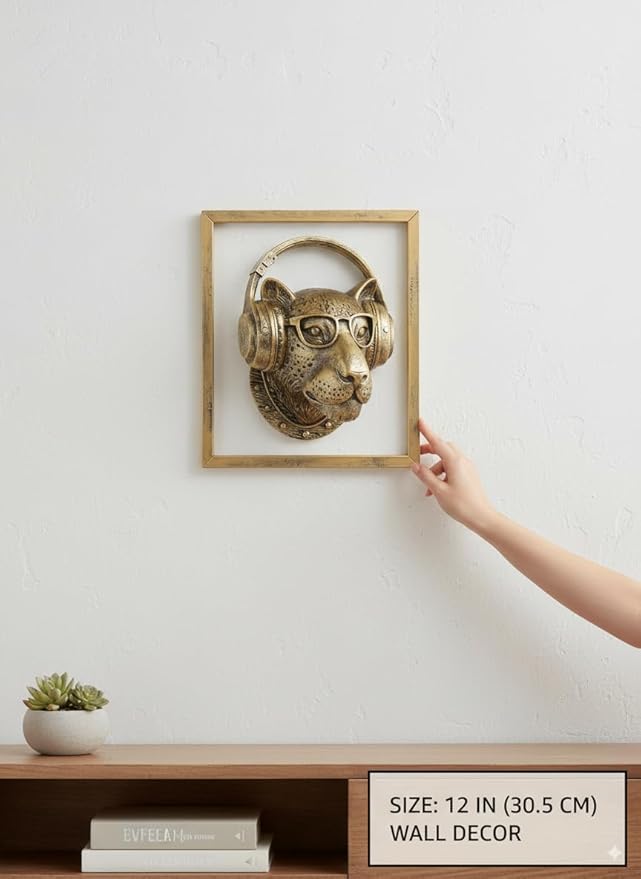 JJALIGHTS Exquisite Resin Animal Head Wall Sculpture (Gift Metal Frame) - Imitation Copper Vintage Decor for Living Room, Bedroom & Office | Decorative Wall Hanging Art (Leopard)