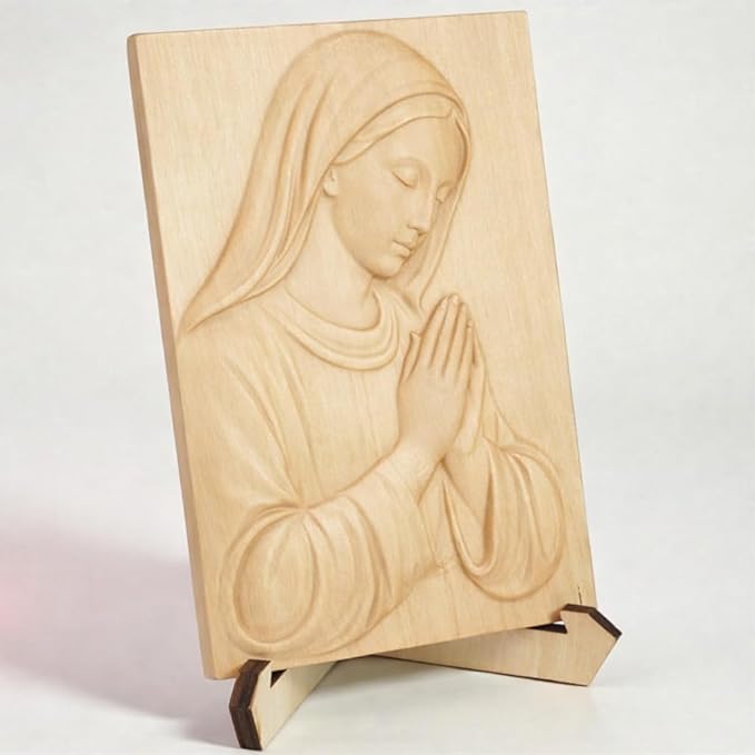 KATINAT Virgin Mary Wooden Plaque with Stand & Gift Box – Solid Wood Relief, Wall or Desk Catholic Home Altar & Prayer Corner Décor, Christian Christmas/Baptism/First Communion/Confirmation Gift