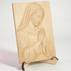 KATINAT Virgin Mary Wooden Plaque with Stand & Gift Box – Solid Wood Relief, Wall or Desk Catholic Home Altar & Prayer Corner Décor, Christian Christmas/Baptism/First Communion/Confirmation Gift