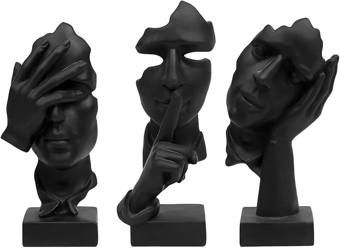 aboxoo 3 Pcs Thinker Statue, Silence is Gold Abstract Art Figurine, See No Evil Hear No Evil Speak No Evil Statues, Modern Resin Sculptures Decor for Living Room, Home, Office Study (Black)