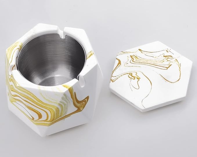 FREELOVE Concrete Ashtray with Lid & Stainless Steel Ashtrays for Cigarettes, Cement Ash Tray Smoking Holder Indoor Smokeless Outdoor Windproof Patio Home Office Cool Decor(Gold Marble, Large)