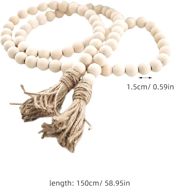 IMIKEYA Wooden Bead Tassel Decoration 57 Inch Natural Wood Beads Garland for Farmhouse Boho and French Country Home Decor Perfect for Tiered Trays and Centerpieces