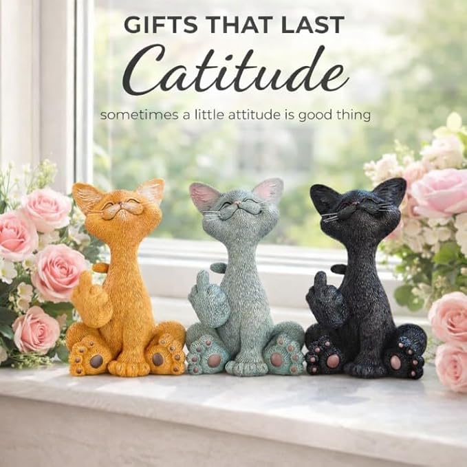 JFSM INC. Catitude Whimsical Smiling Cat Raising Middle Finger Figurine - Hilarious Get Ready for Laughs - Stress Relief - Gifts for Cat Lovers,