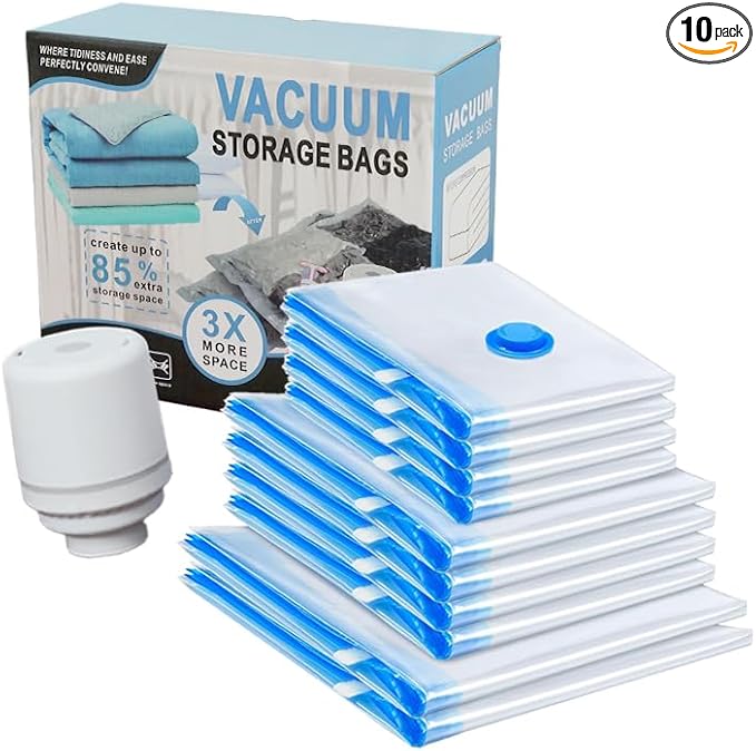Vacuum Storage Bags, 10 Pack with Electric & Manual Pump, Space Saver Compression Bags for Clothes, Blue and White, Nylon, 4 Medium 4 Large 2 Jumbo, (Electric Pump)